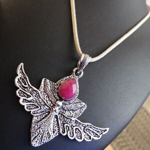 Boho Style Angel With Wings Faceted Ruby Stone Ethnic pendant On New Suede Cord